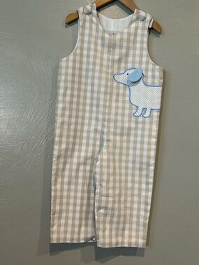 Castle & Crowns Beige Gingham Kids Overalls with Blue Puppy Applique Dachshund